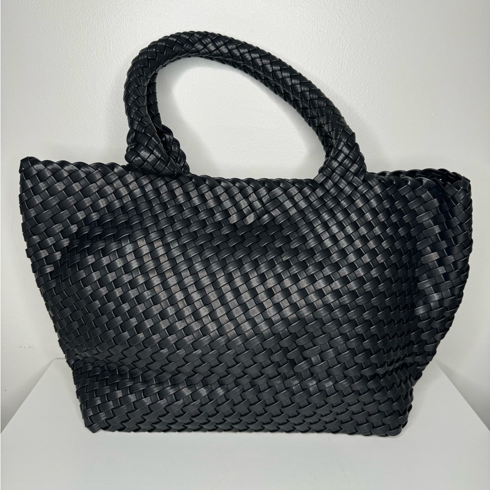 NWT Black Woven Vegan Leather Basket Bag with Purse Insert